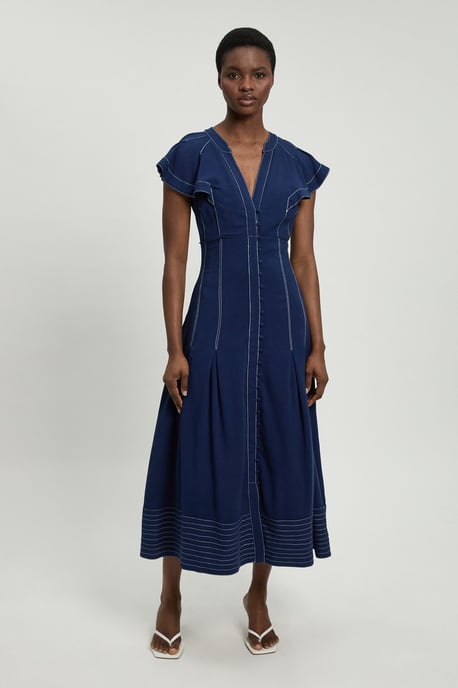 Contrast Topstitch Seam Detail Midi Dress - Image 1
