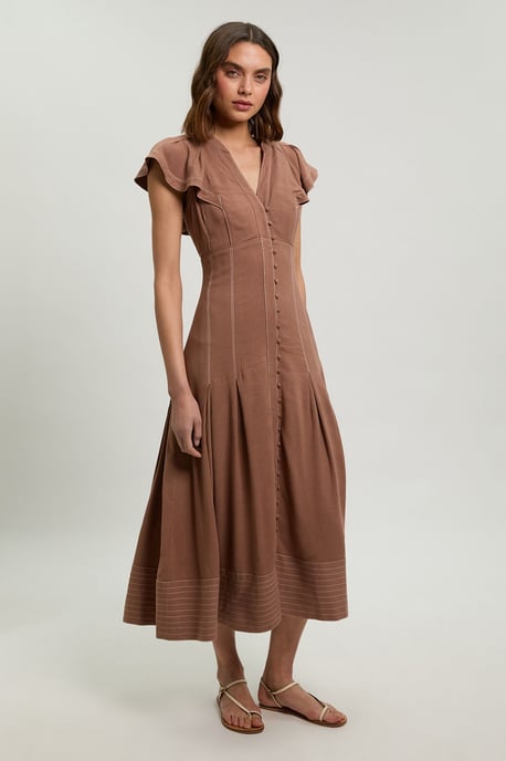 Contrast Topstitch Seam Detail Midi Dress - Image 1