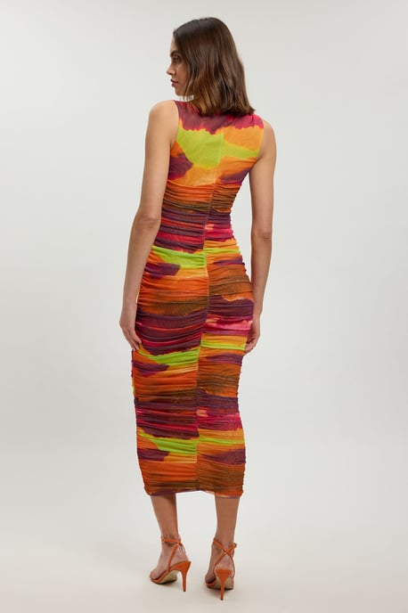 Marbled Printed Mesh Ruched Jersey Maxi Dress - Image 4