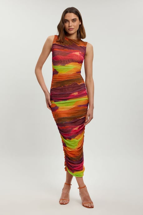 Petite Marbled Printed Mesh Ruched Jersey Maxi Dress - Image 1