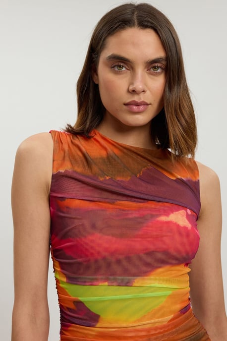 Petite Marbled Printed Mesh Ruched Jersey Maxi Dress - Image 4