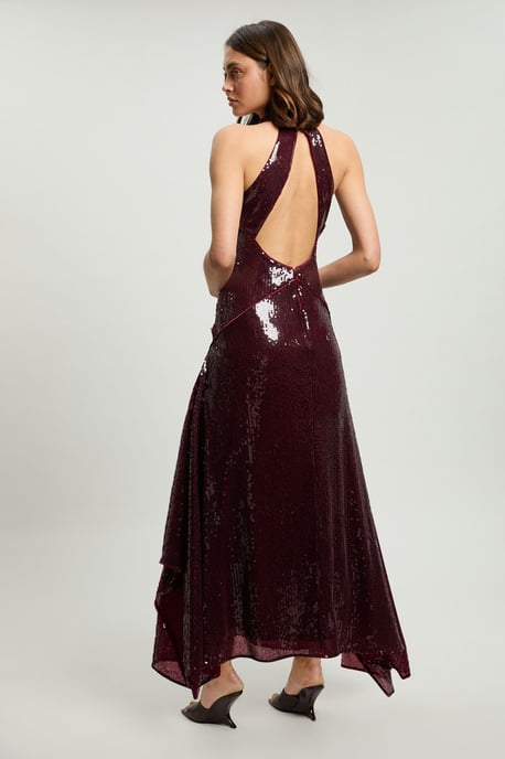 Petite Sequin Halter Neck Hanky Hem Maxi Dress - Image 3