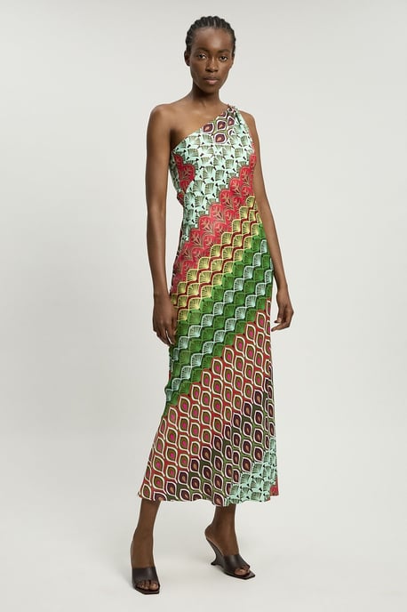 Satin Viscose Multi Print One Shoulder Maxi Dress - Image 1