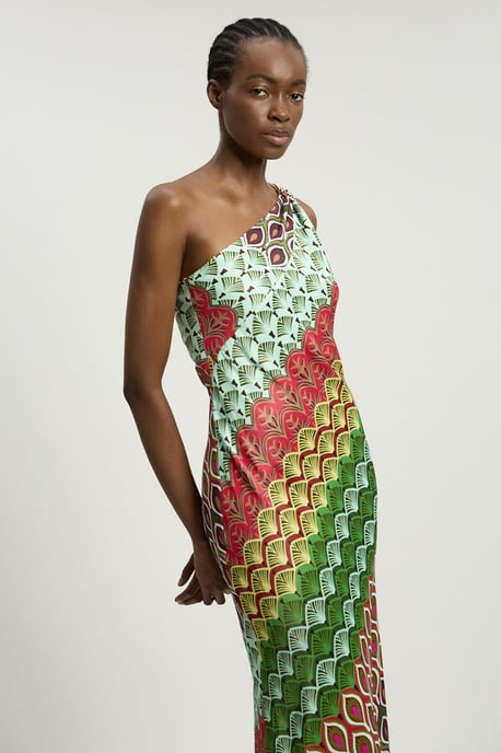 Satin Viscose Multi Print One Shoulder Maxi Dress - Image 2