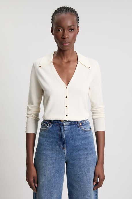 Viscose Blend Popper Detail Knit Collared Cardigan - Image 1