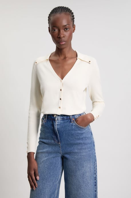 Viscose Blend Popper Detail Knit Collared Cardigan - Image 4