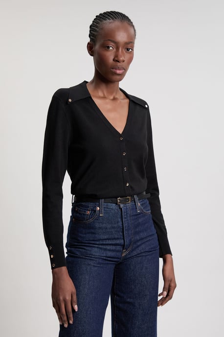 Viscose Blend Popper Detail Knit Collared Cardigan - Image 1
