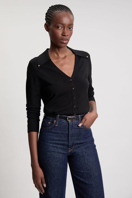 Viscose Blend Popper Detail Knit Collared Cardigan - Image 4