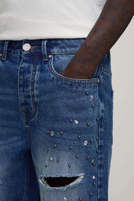 Relaxed Rhinestone Embellished Ripped Denim Shorts - Image 3