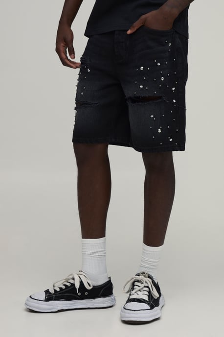 Relaxed Rhinestone Embellished Ripped Denim Shorts - Image 1