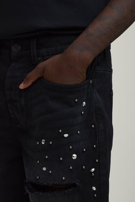 Relaxed Rhinestone Embellished Ripped Denim Shorts - Image 3
