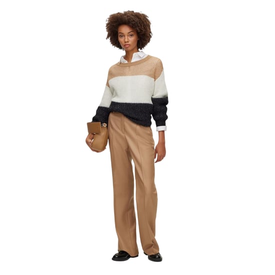 Boss Dames-trui met ronde hals en kleurblokken (Zwart/Wit/Beige) - Image 6