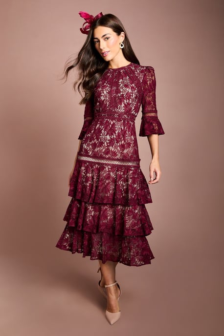 Lace Tiered Skirt 3/4 Sleeve Midi Dress - Image 1