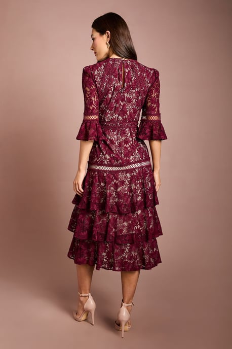 Lace Tiered Skirt 3/4 Sleeve Midi Dress - Image 2