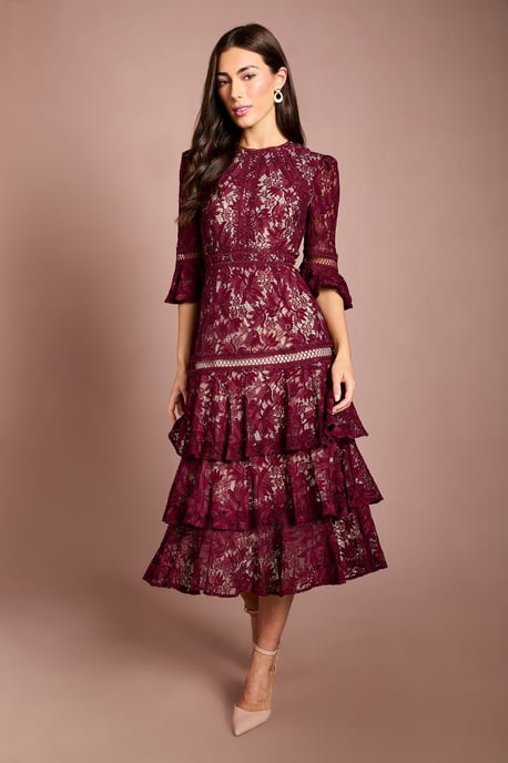 Lace Tiered Skirt 3/4 Sleeve Midi Dress - Image 3