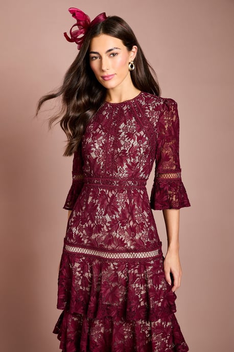 Lace Tiered Skirt 3/4 Sleeve Midi Dress - Image 4