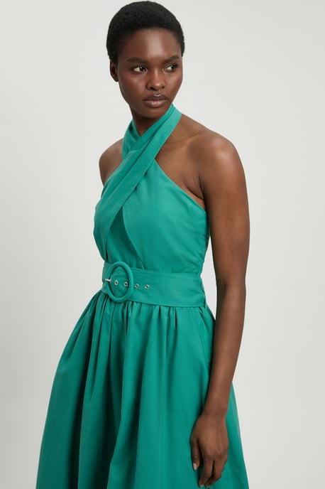 Cotton Poplin Cross Over Halter Neck Woven Midi Dress - Image 2