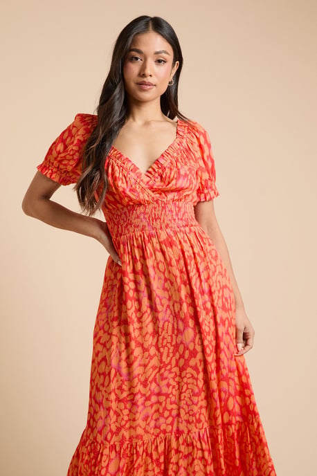 Petite Animal Shirred Waist Tiered Hem Midi Dress - Image 2