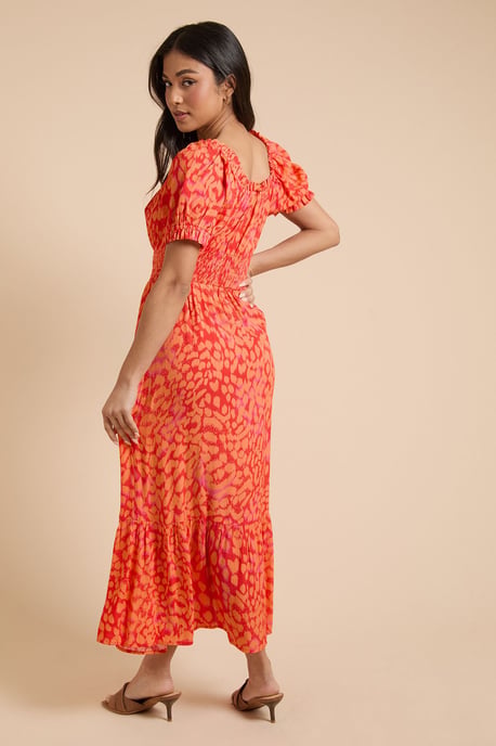 Petite Animal Shirred Waist Tiered Hem Midi Dress - Image 3
