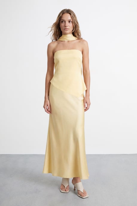 Petite Strapless Structured Bodice Satin Midi Dress - Image 1