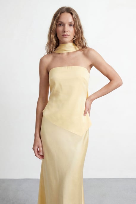 Petite Strapless Structured Bodice Satin Midi Dress - Image 4