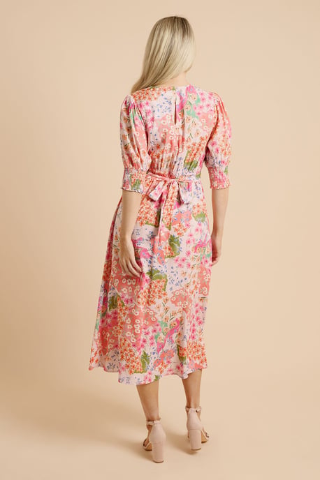 Patchwork Floral Shirred Cuff Midi Dress - Image 3