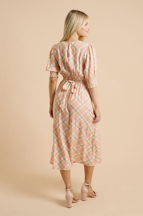 Cream Check Shirred Cuff Midi Dress - Image 3