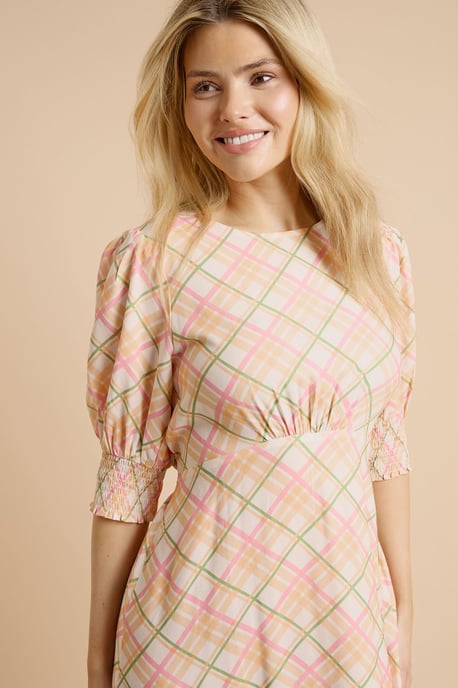 Cream Check Shirred Cuff Midi Dress - Image 4