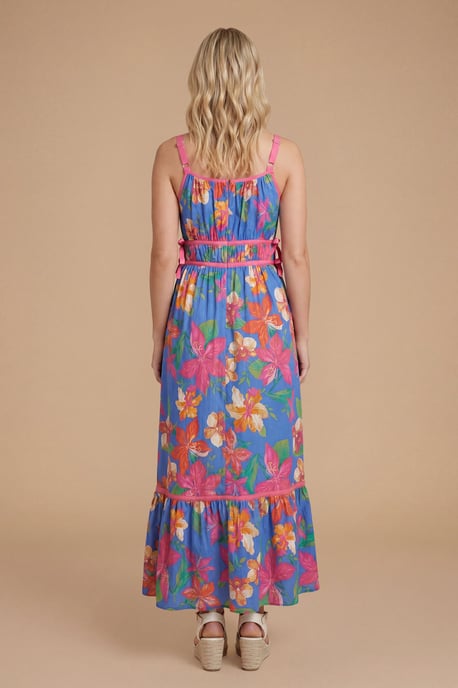 Blue Floral Contrast Binding Tie Side Printed Poplin Midi Dress - Image 2