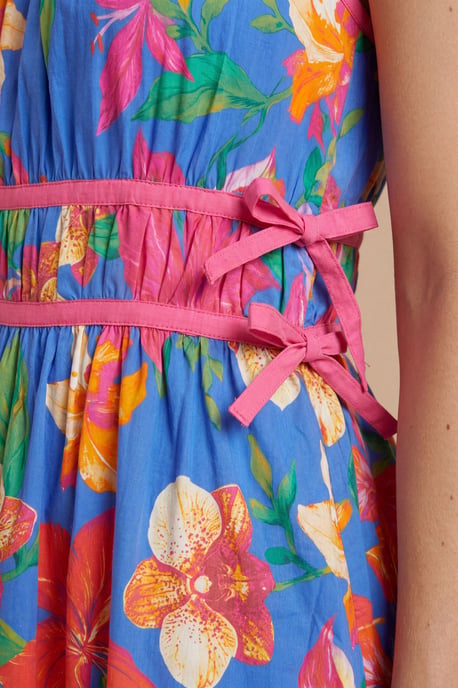 Blue Floral Contrast Binding Tie Side Printed Poplin Midi Dress - Image 3