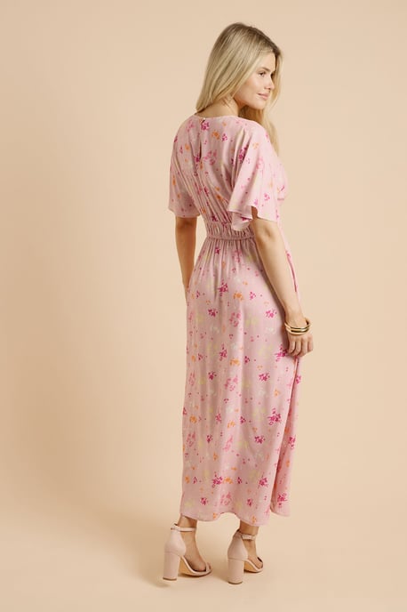 Pink Ditsy Cape Sleeve Plunge V Neck Maxi Dress - Image 3