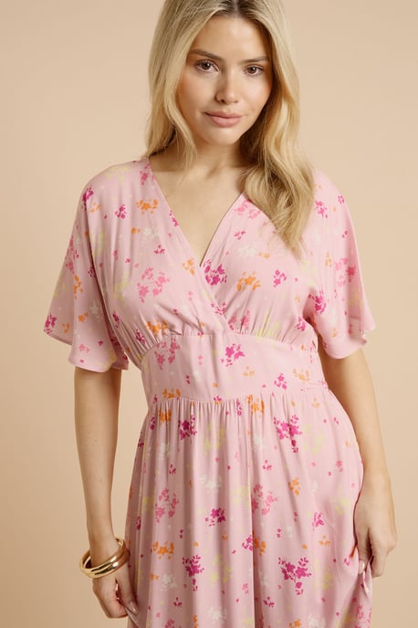 Pink Ditsy Cape Sleeve Plunge V Neck Maxi Dress - Image 4