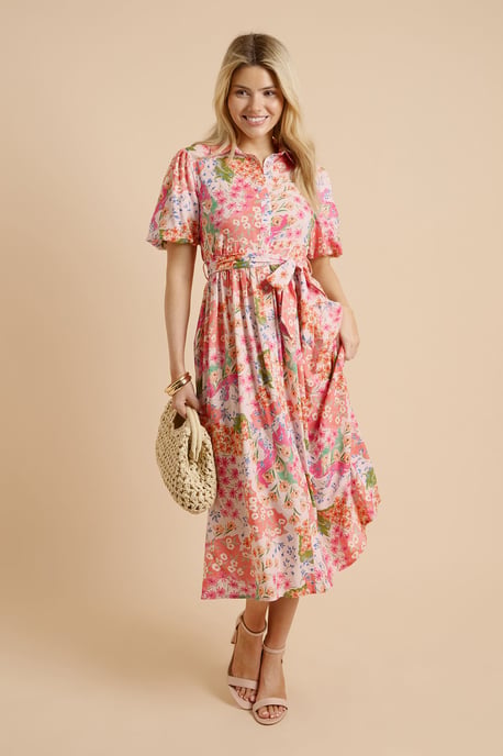Patchwork Floral Belted Puff Sleeve Shirt Dress - Image 1