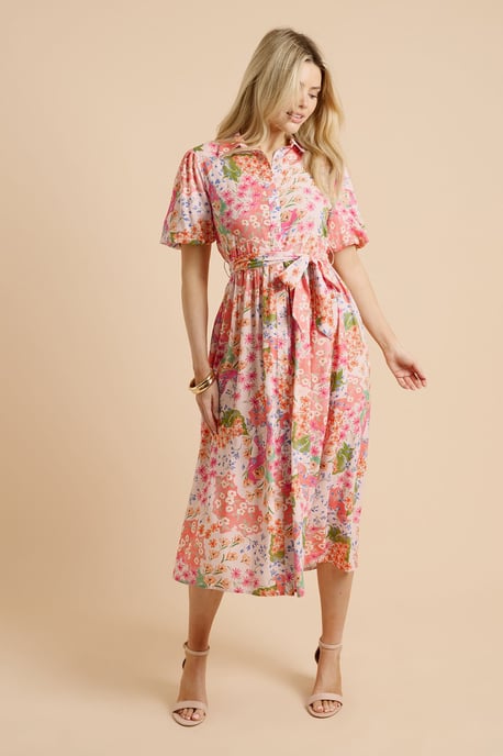 Patchwork Floral Belted Puff Sleeve Shirt Dress - Image 2