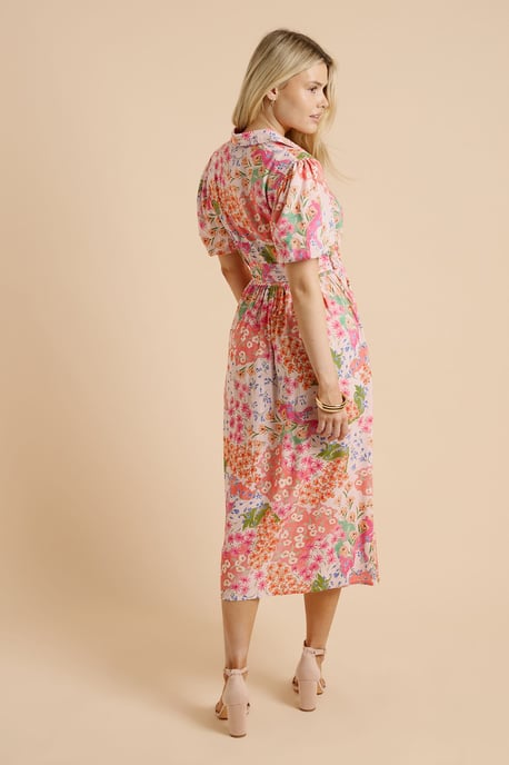 Patchwork Floral Belted Puff Sleeve Shirt Dress - Image 3