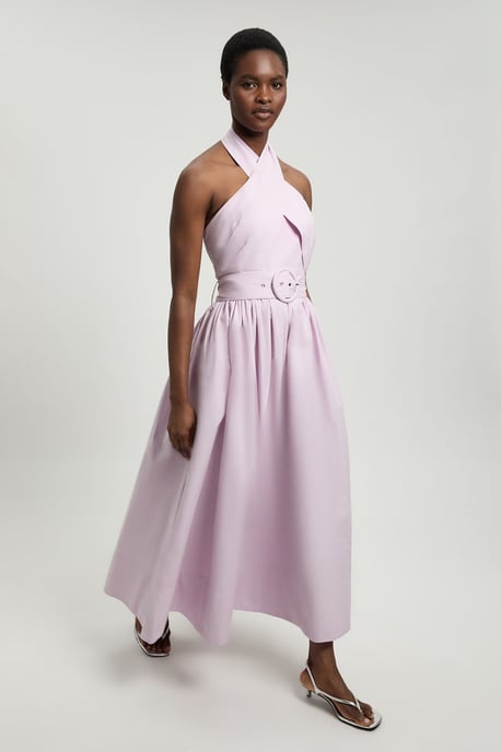 Cotton Poplin Cross Over Halter Neck Woven Midi Dress - Image 1