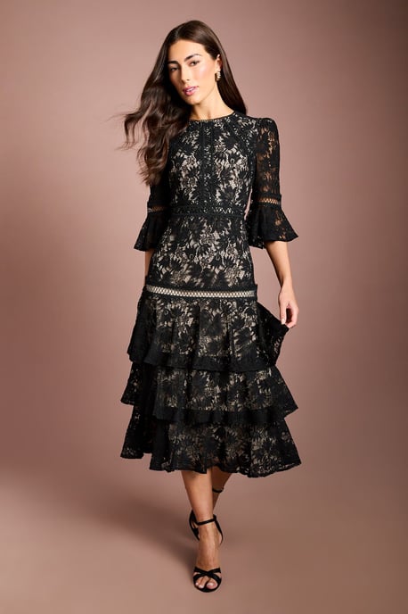 Lace Tiered Skirt 3/4 Sleeve Midi Dress - Image 1