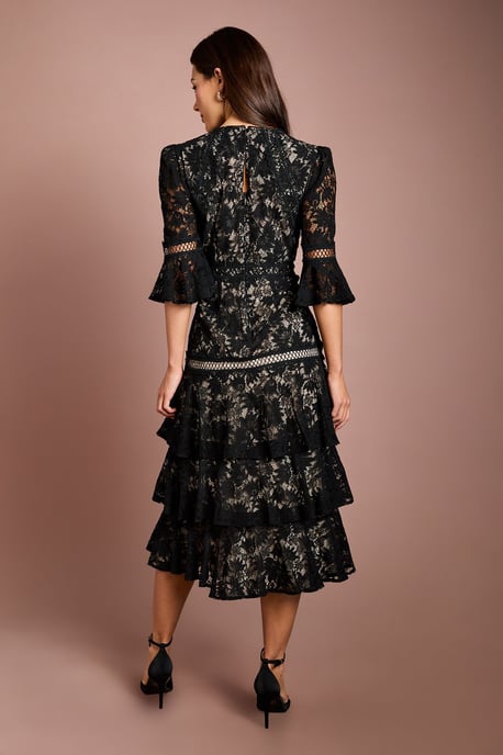 Lace Tiered Skirt 3/4 Sleeve Midi Dress - Image 3