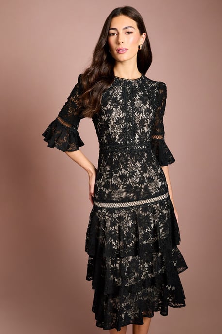 Lace Tiered Skirt 3/4 Sleeve Midi Dress - Image 4