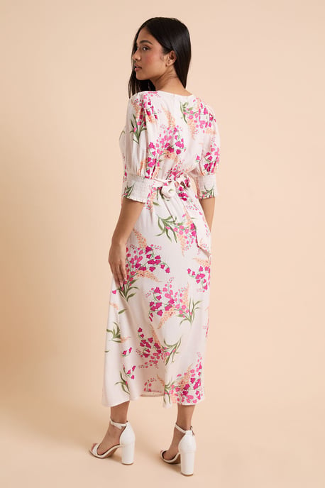 Petite Cream Floral Shirred Cuff Midi Dress - Image 3