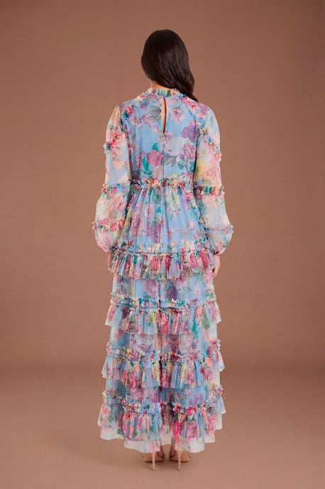 Printed Tiered Ruffle Mesh Maxi Dress - Image 3