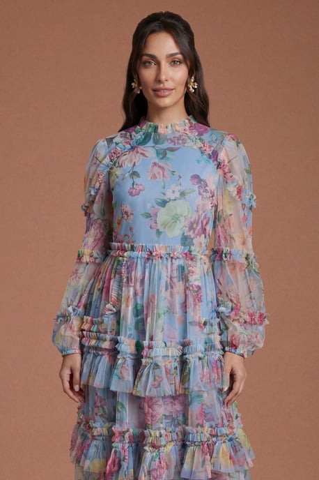 Printed Tiered Ruffle Mesh Maxi Dress - Image 4