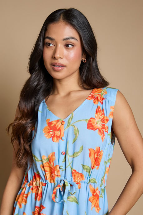 Petite Floral Sleeveless Drawstring Waist Tiered Maxi Dress - Image 2
