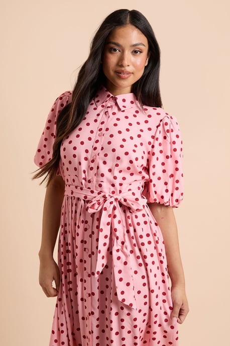 Petite Pink Spot Petite Belted Puff Sleeve Shirt Dress - Image 2