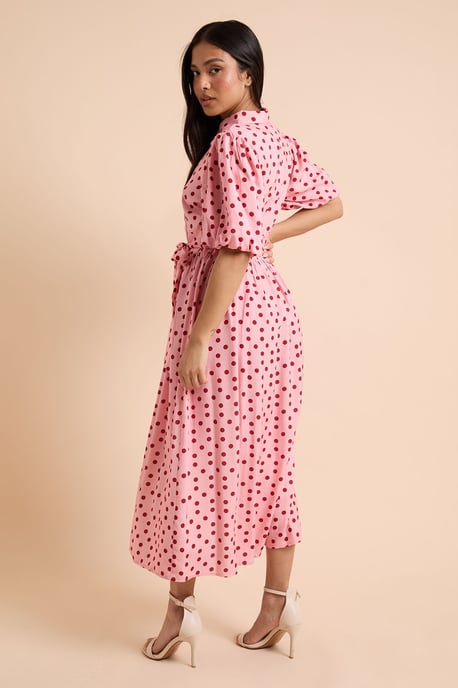 Petite Pink Spot Petite Belted Puff Sleeve Shirt Dress - Image 3