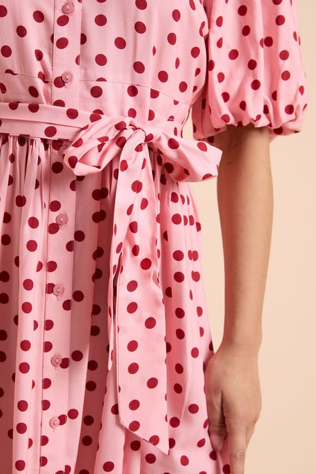 Petite Pink Spot Petite Belted Puff Sleeve Shirt Dress - Image 4