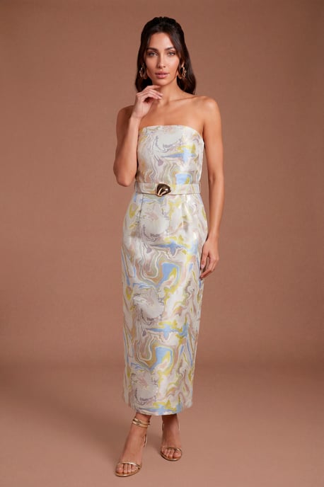 Jacquard Belted Bandeau Pencil Dress - Image 1