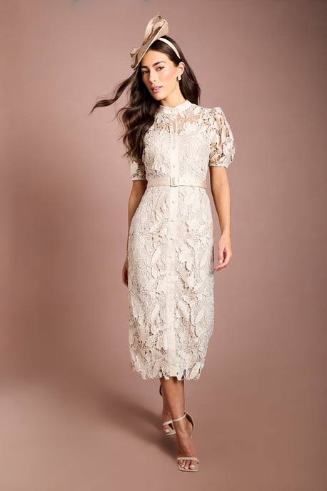 Satin Lace Puff Sleeve Midi Dress - Image 1