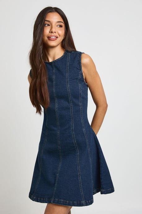 Sleeveless Seam Detail Denim Mini Dress - Image 1