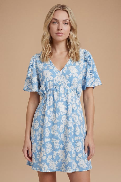 Blue Floral Frill Detail Angel Sleeve Mini Dress - Image 4